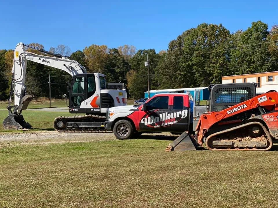 Wallburg Dirt Worx excavators, dozer and skid steers lined up at the yard